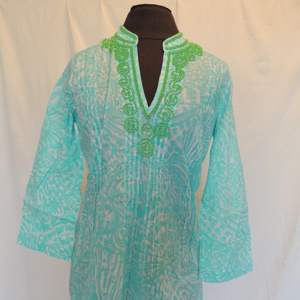 New Lilly Pulitzer Sz S Sarasota Tunic Beaded Neck Pintuck Pleats Cotton